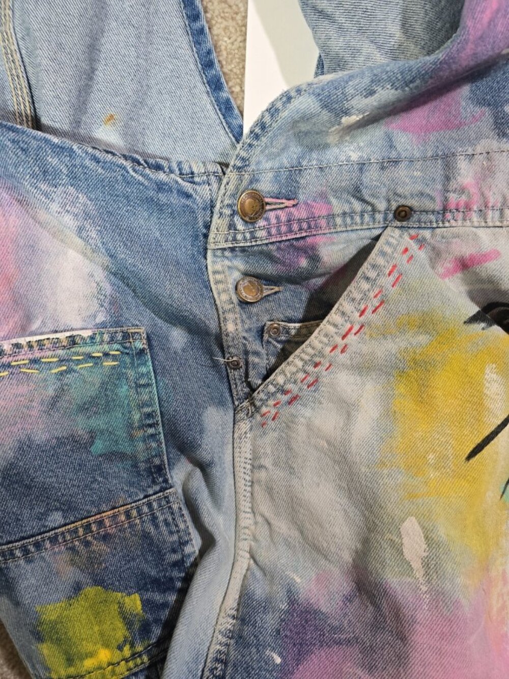 OOAK Upcycled Artwear Oversized Denim Overalls Painted Slow Stitched Boho Whimsy - Picture 15 of 16
